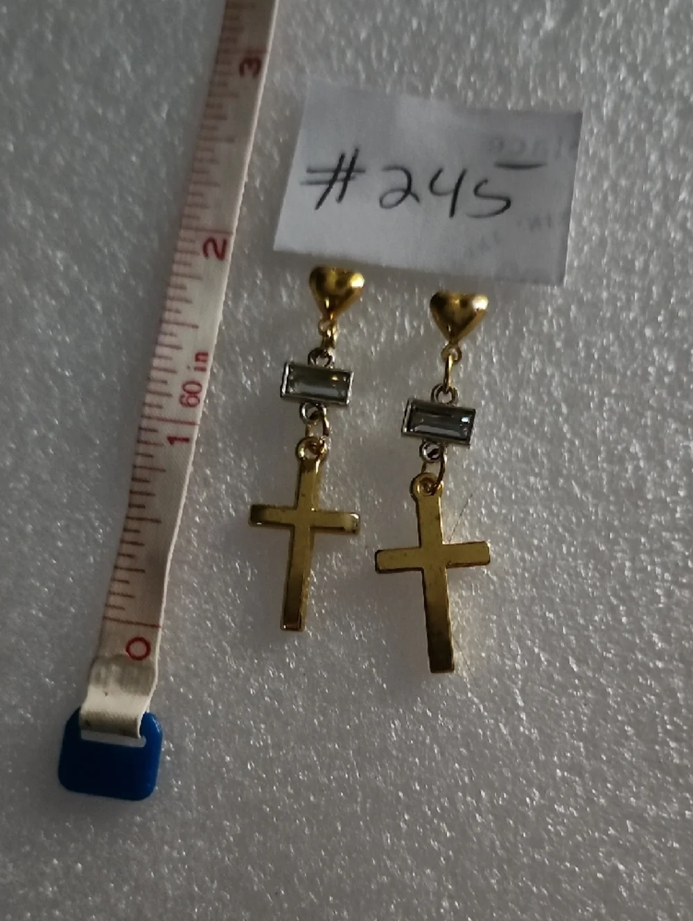 Hand Crafted Gold Cross Drop Earrings with Clear Stone